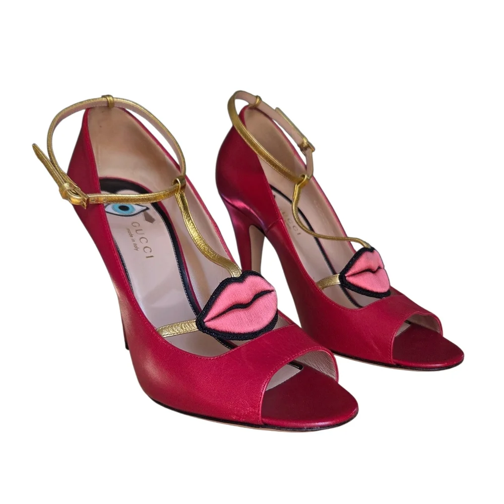 Iconic Gucci Molina Lips T-Strap Heels Red Gold Leather Pumps 38.5 - Picture 3 of 16
